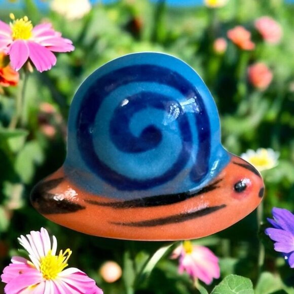 Vintage Tonala Snail Miniature 1.25" Mexican Pottery Blue & Orange - Picture 1 of 9